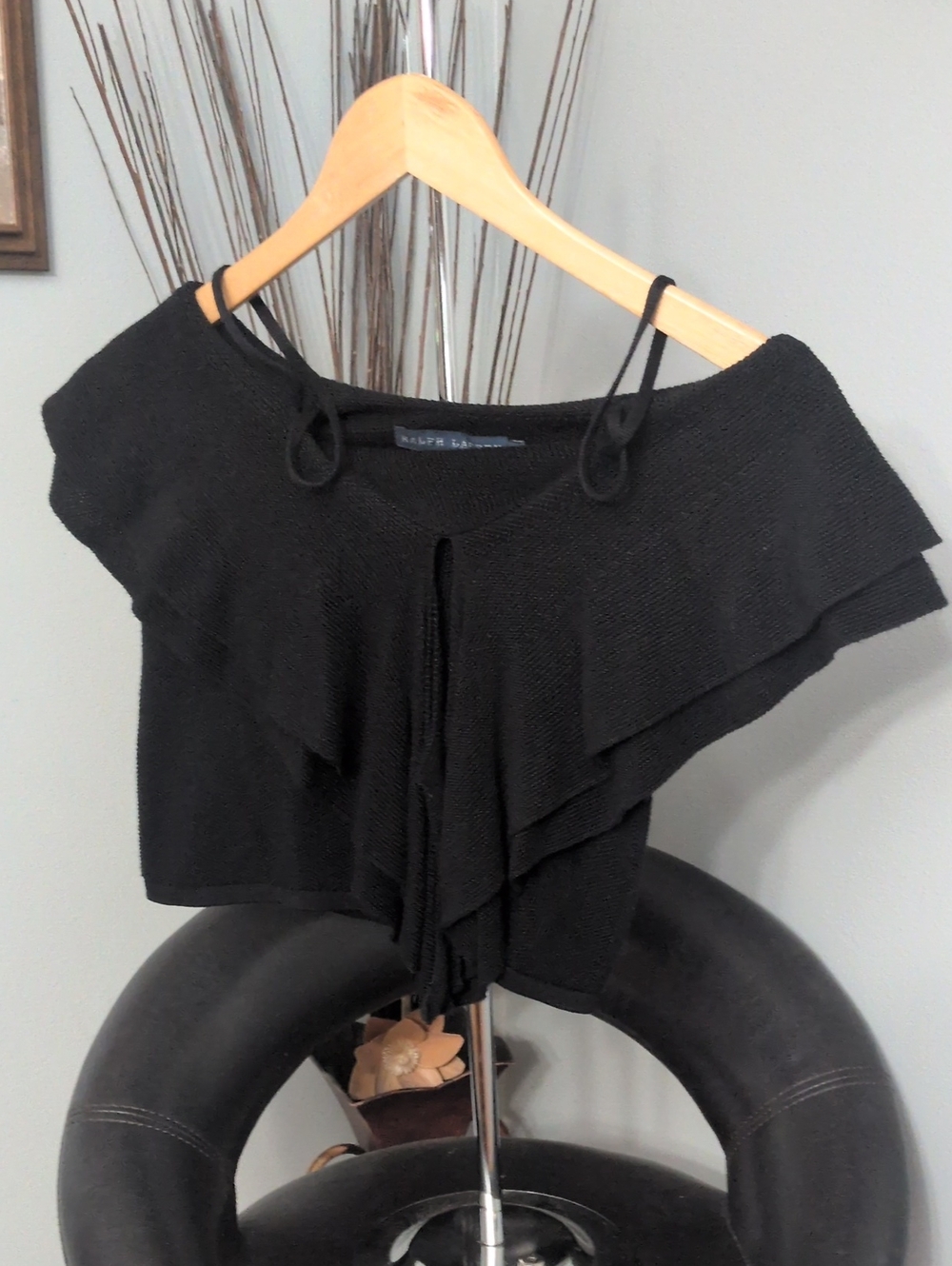 Ralph Lauren Black Off-Shoulder Layered Ruffle Sweater